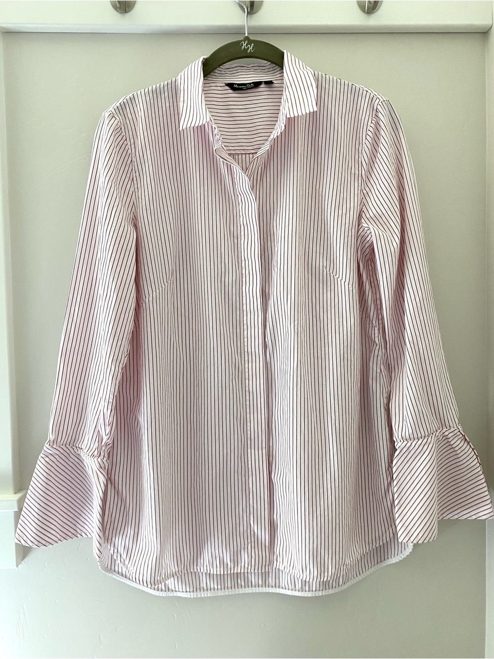 Massimo Dutti Red & White Cotton Pinstripe Button Up Bell Cuffs US 8